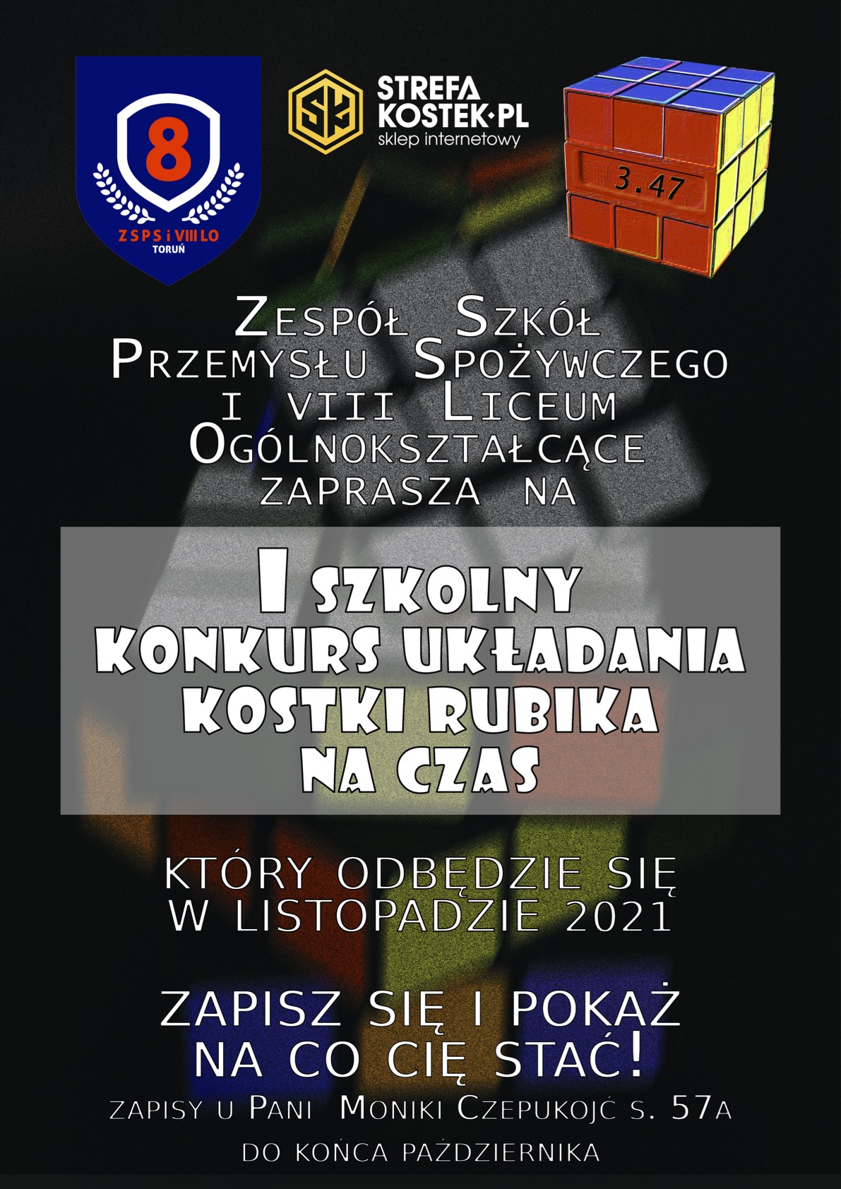 Plakat I szkolnego konkursu układania kostki Rubika na czas